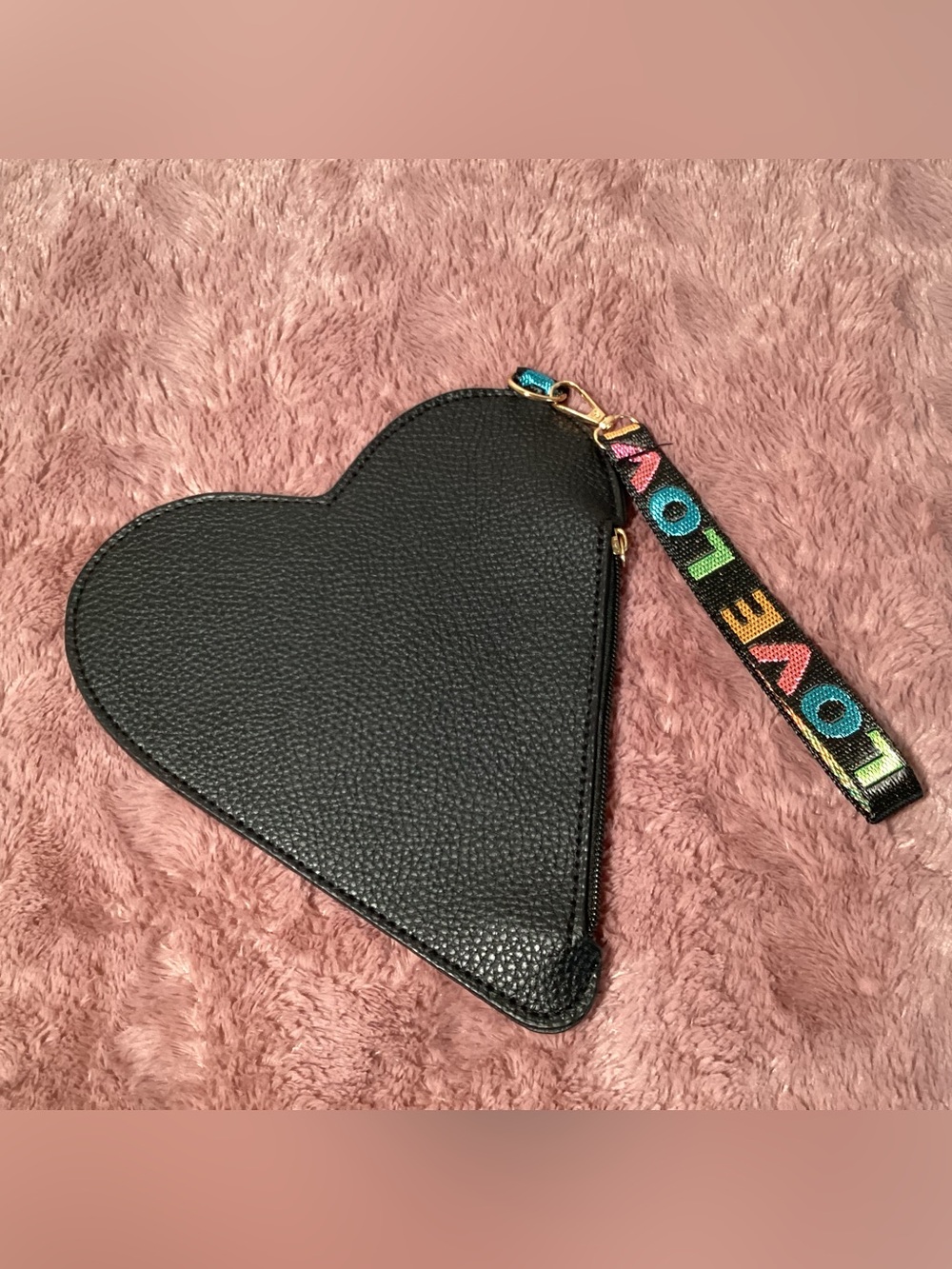 Black Heart Wristlet Clutch with Colorful 'LOVE' Strap